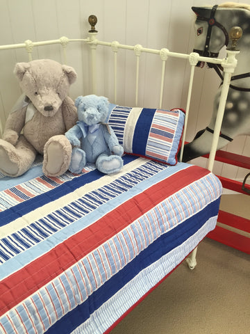 2 pce Eddie Blue multi Stripe Cot Quilt & filled Decorator Cushion Sale