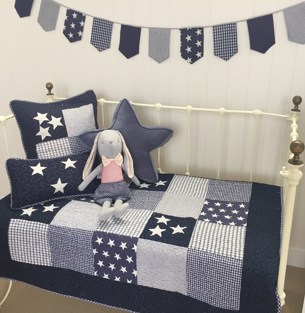 Lachlan Cotton Navy & White Bunting Flags - Gingham, Stars, Stripes