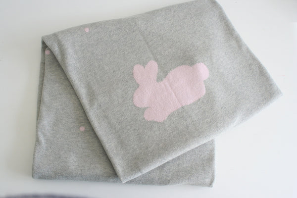 Pink & Grey Bunny & Dots Stroller or Bassinet Blanket Reversible  Baby Blanket