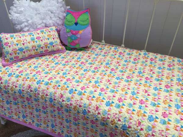 3 pce Hoot Hoot Owl Nursery Cot Quilt & Cushions Package