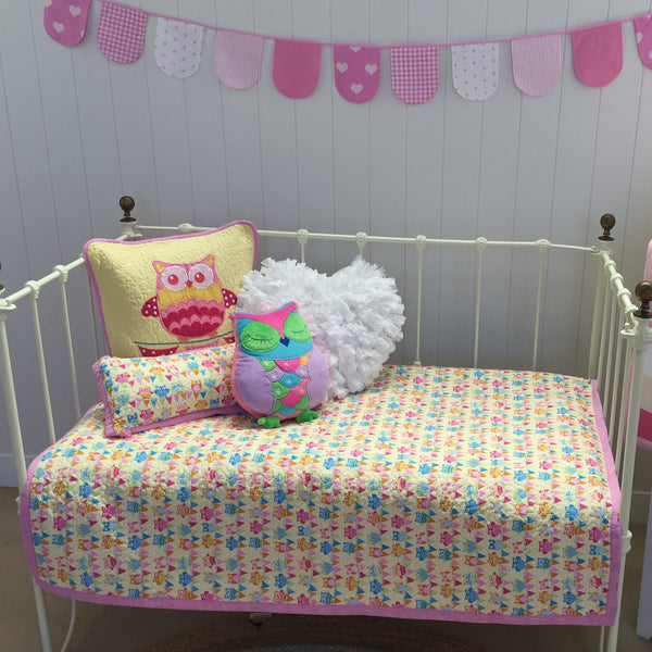3 pce Hoot Hoot Owl Nursery Cot Quilt & Cushions Package