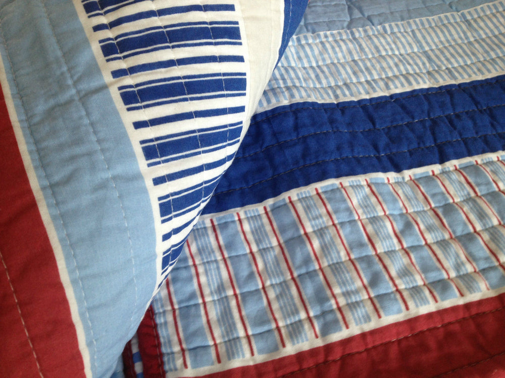 2 pce Eddie Blue multi Stripe Cot Quilt & filled Decorator Cushion Sale