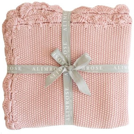 Mini Moss Stitch Pink Organic Cotton Baby Blanket & bonus Baby Emma Heart Rattle