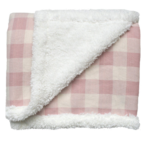 Pink Check Alimrose Sherpa Baby Blanket Plus & Bonus Emma Heart Shaped Rattle