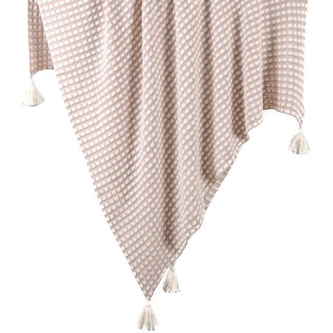 Raised Check Cotton Knit Throw Rug in Blush & Natural
