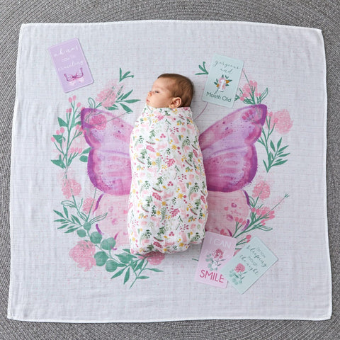 Butterfly Milestone Muslin Wrap & 6 Baby Milestone Photo Cards Set