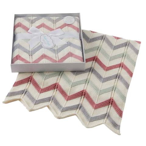 Blush Zig Zag Cotton Knit Baby Blanket & bonus Emma Heart Rattle