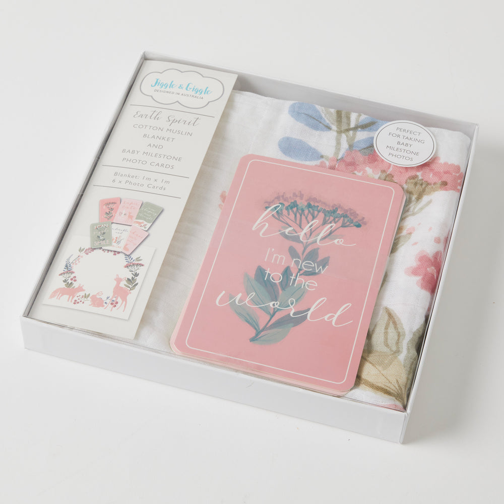 Earth Spirit Milestone Muslin Wrap & Baby Milestone Photo Cards Set & Bonus Emma Rattle