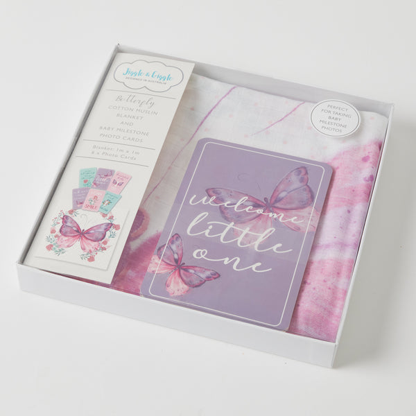 Butterfly Milestone Muslin Wrap & 6 Baby Milestone Photo Cards Set