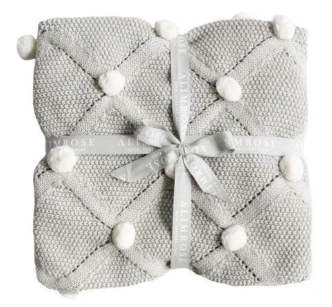 Grey & Ivory Organic Pom Pom Cotton Knit Baby Blanket Newborn Gift Idea