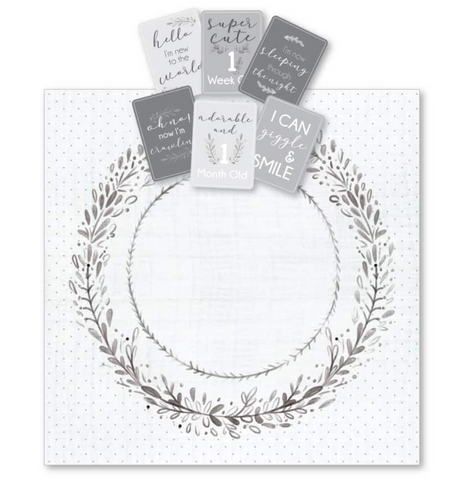 Grey Wreath Milestone Muslin Wrap & Baby Milestone Photo Cards Set