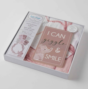 Pink Elephant Milestone Muslin Wrap & Baby Milestone Photo Cards Set & Emma Rattle