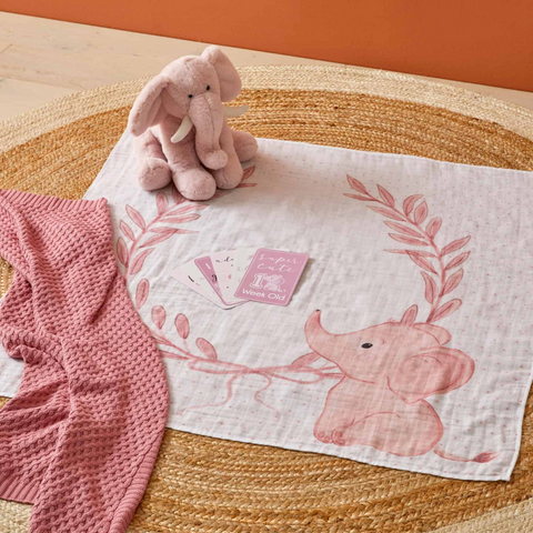 Pink Elephant Milestone Muslin Wrap & Baby Milestone Photo Cards Set & Emma Rattle