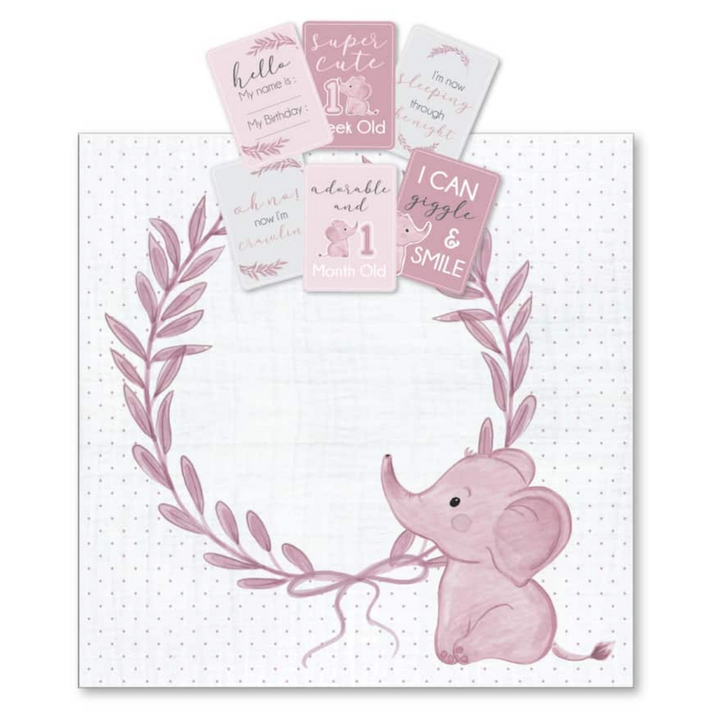 Pink Elephant Milestone Muslin Wrap & Baby Milestone Photo Cards Set & Emma Rattle