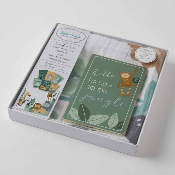 Safari Milestone Muslin Wrap & Baby Milestone Photo Cards Set