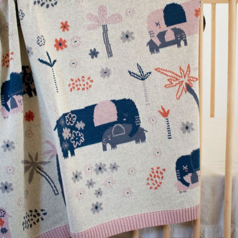 Ellie Family Cotton Knit Elephants Baby Blanket & Bonus Emma Heart Rattle
