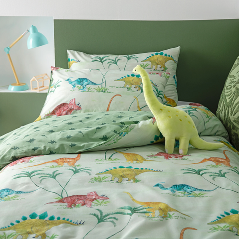 Dinosaur Mint Green Multi KAS Kids Quilt Cover & Pillow Case Set