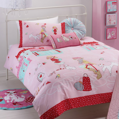 Born To Shop Single Bed Girls Quilt Cover Set & Rectangle Puppy Cushion Package