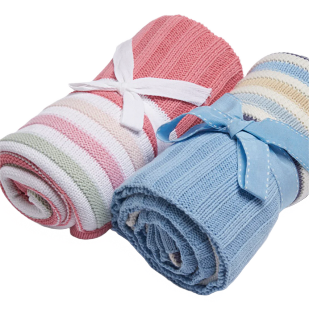 Striped Cotton Knit Baby Cot Pram Blanket in Pink or Blue