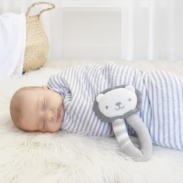 2 Piece Grey Stripe Muslin Swaddle Wrap & Lion Rattle