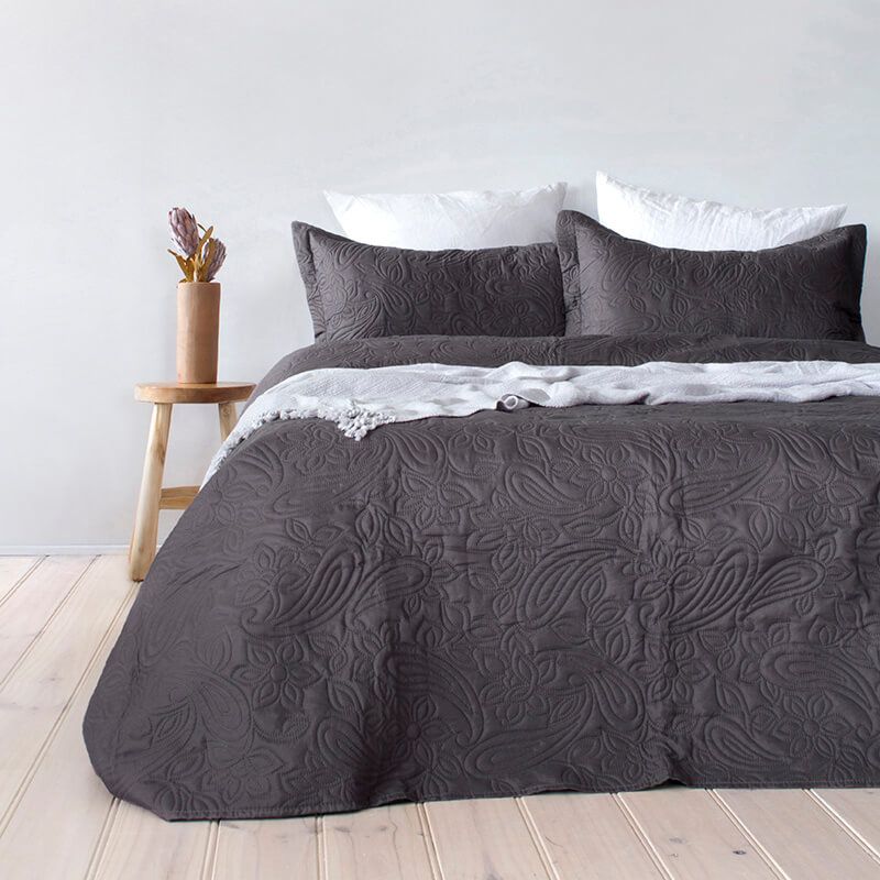 Paisley Charcoal Coverlet Bedcover & Pillow Cases Set.