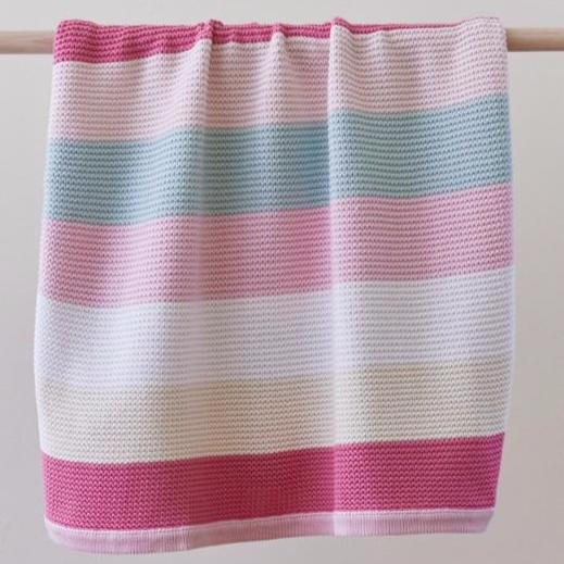 Funky Stripe Pink Pastels Cotton Knit Baby Blanket & Bonus Emma Heart Rattle