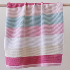Funky Stripe Pink Pastels Cotton Knit Baby Blanket & Bonus Emma Heart Rattle