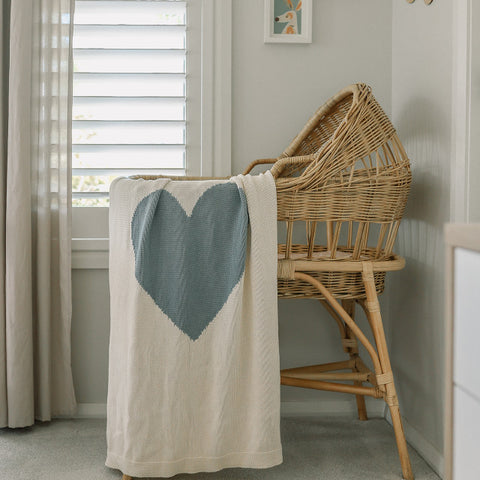 Baby Heart Natural & Blue Cotton Baby Blanket