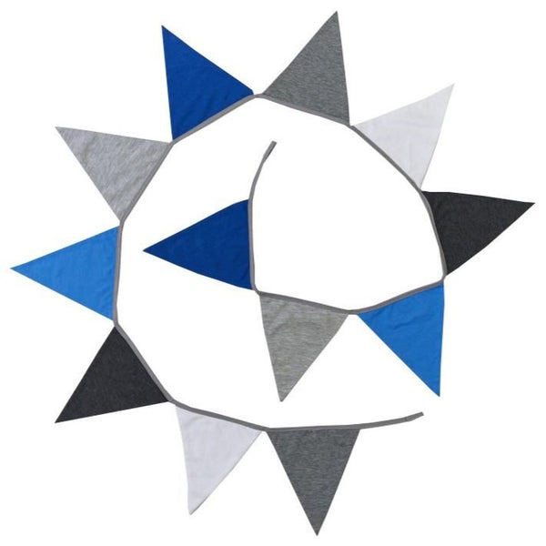 Leo Jersey Cotton Bunting – Blue, Grey & White Flags