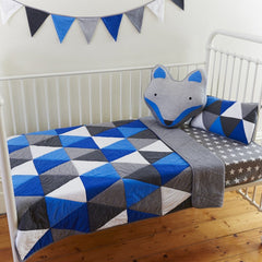 Leo 4 piece Blue Jersey Cotton Cot Quilt 2 Cushions & Bunting Flags Package