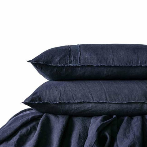 Eadie Lifestyle Navy Blue Linen Queen Size Quilt Cover & Pillow Cases Set