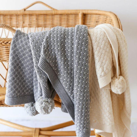 Grey Premium Cotton Pom Pom Knit Baby Blanket Wrap