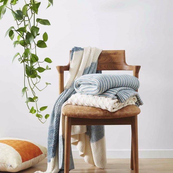 Di Lusso Living Minna Aqua & Cream Cotton Knit Throw Rug