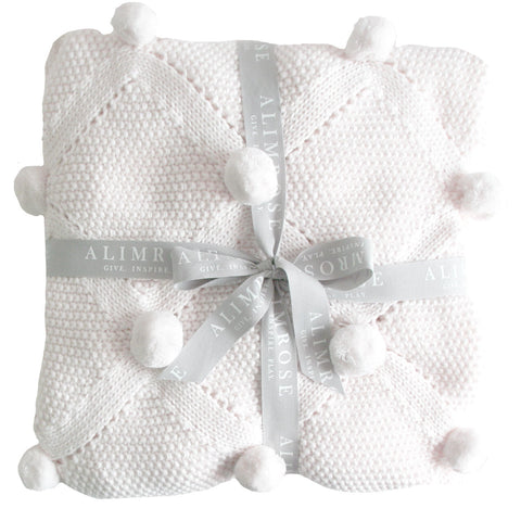Organic White Pom Pom Cotton Knit Baby Blanket Newborn Gift Idea